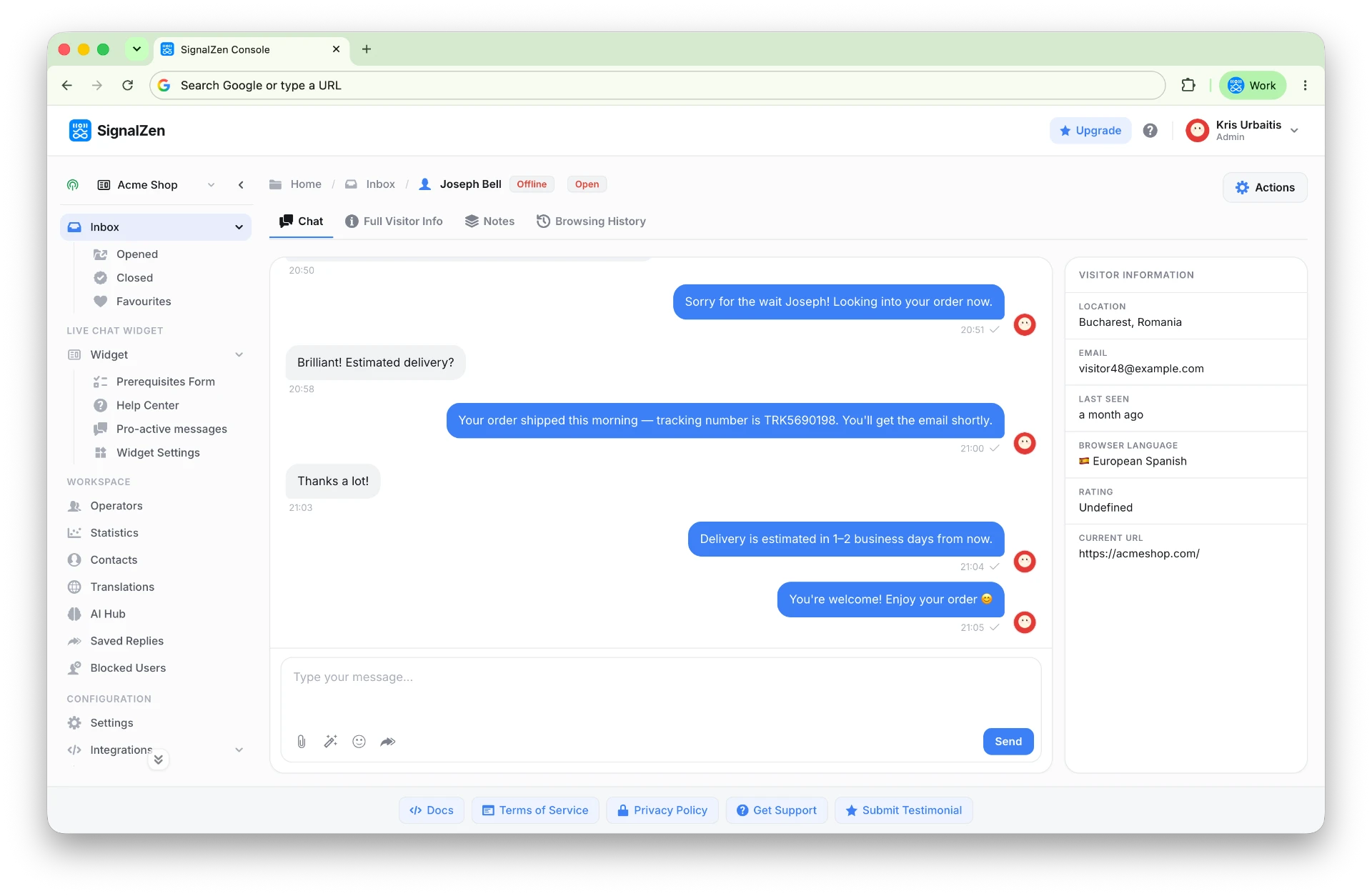 Chatting with a customer from the SignalZen Console inbox