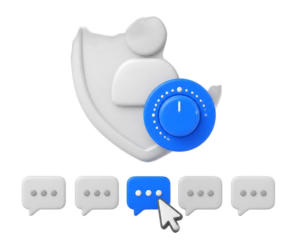 A control dial on a shield above conversation cards with one taken over