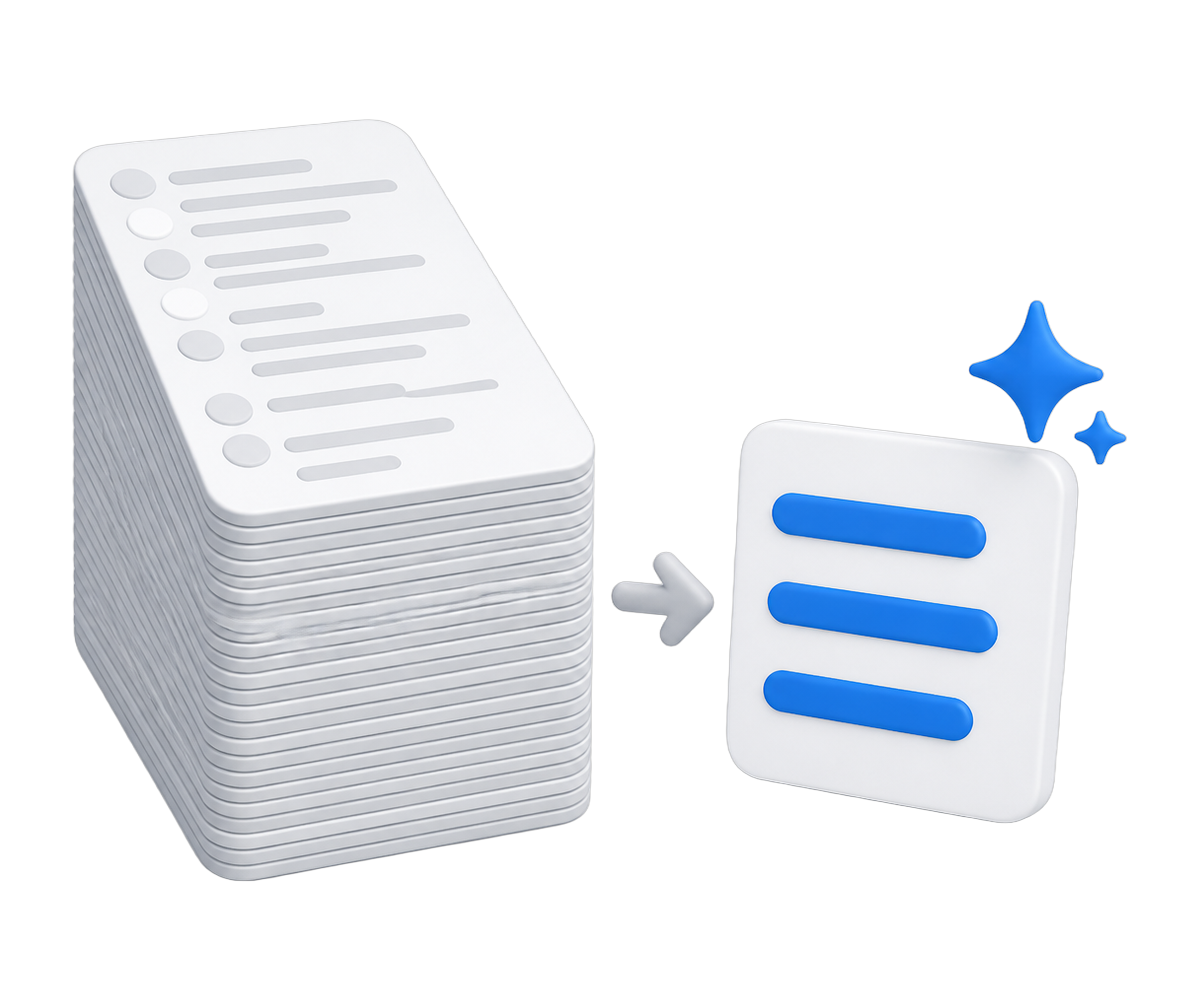 A long stack of conversation lines condensing into a short AI summary card