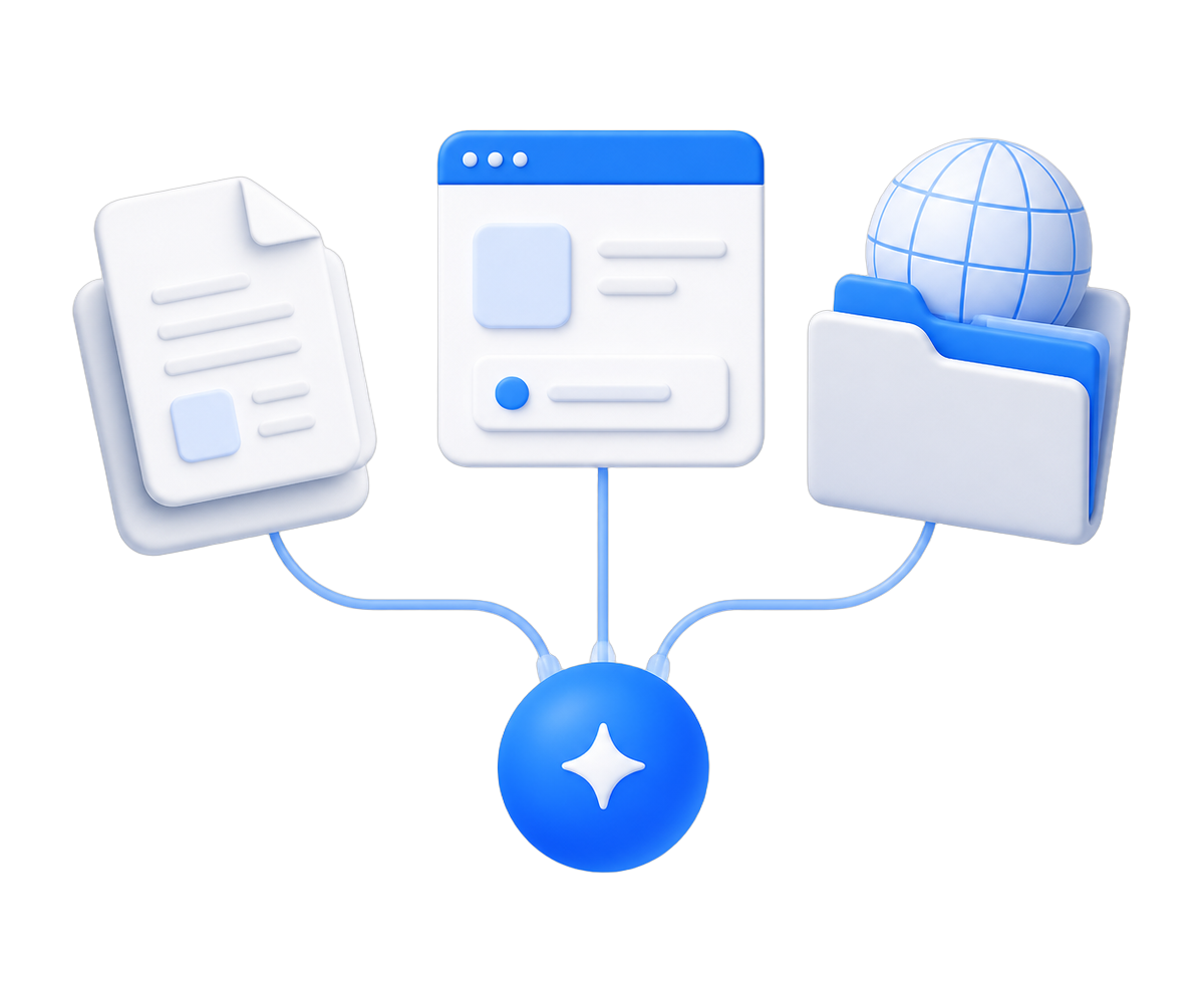 Documents, a website and a folder feeding into an AI orb