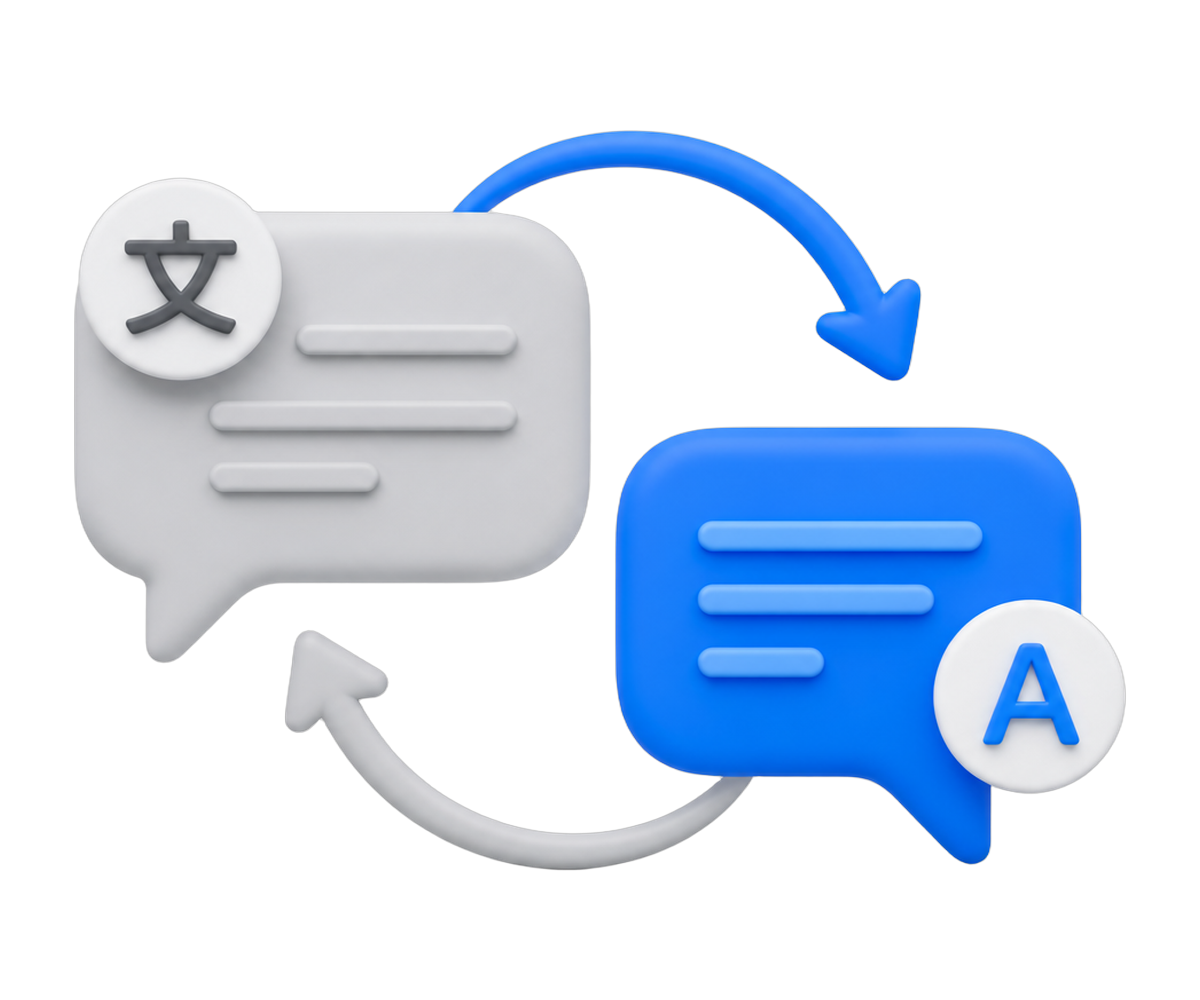 Two chat bubbles connected by arrows translating in both directions