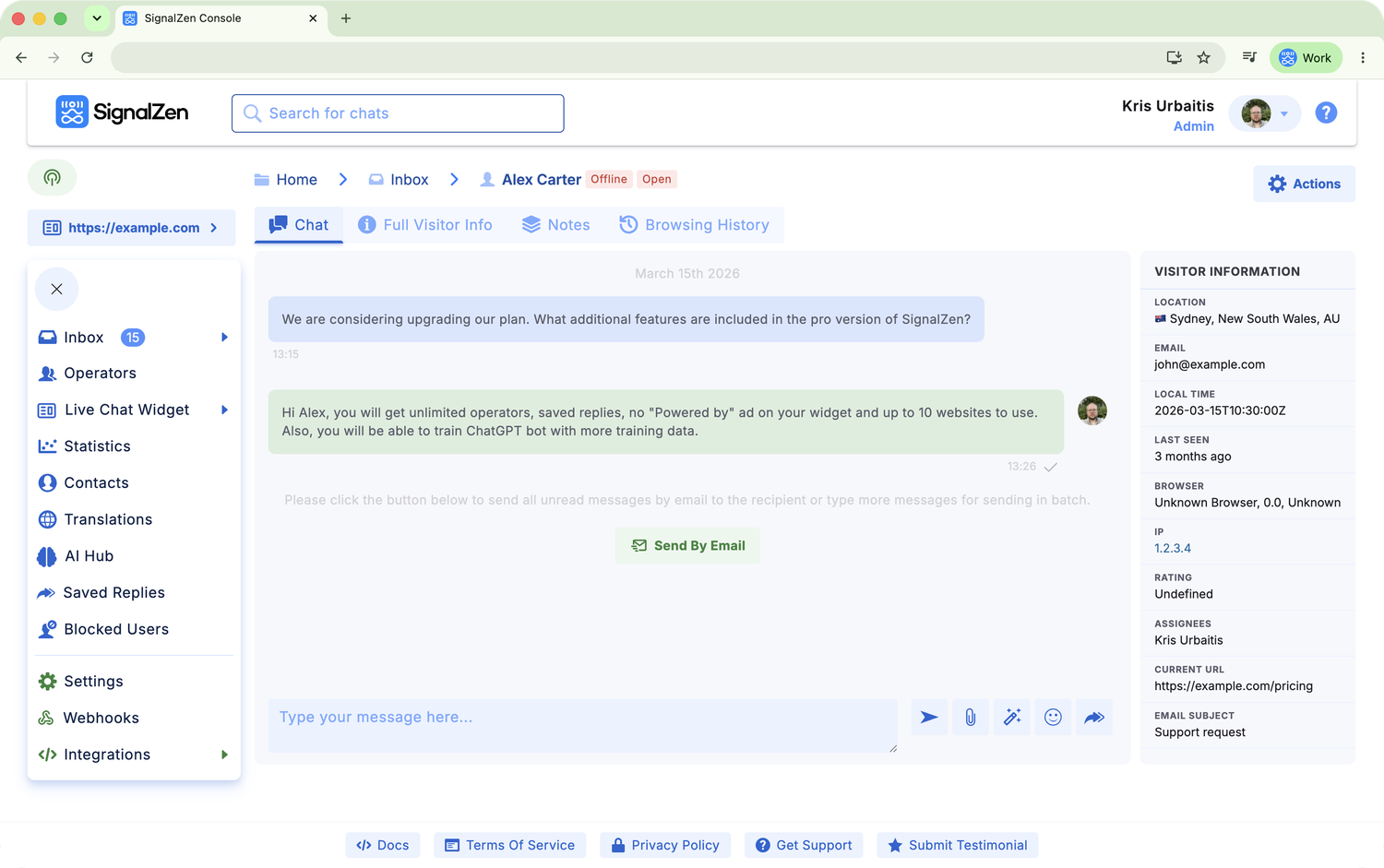 Chatting with a customer from the SignalZen Console inbox