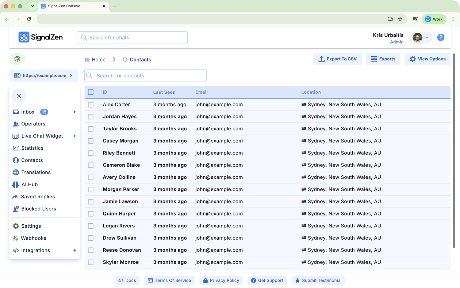 Contacts list in the SignalZen Console