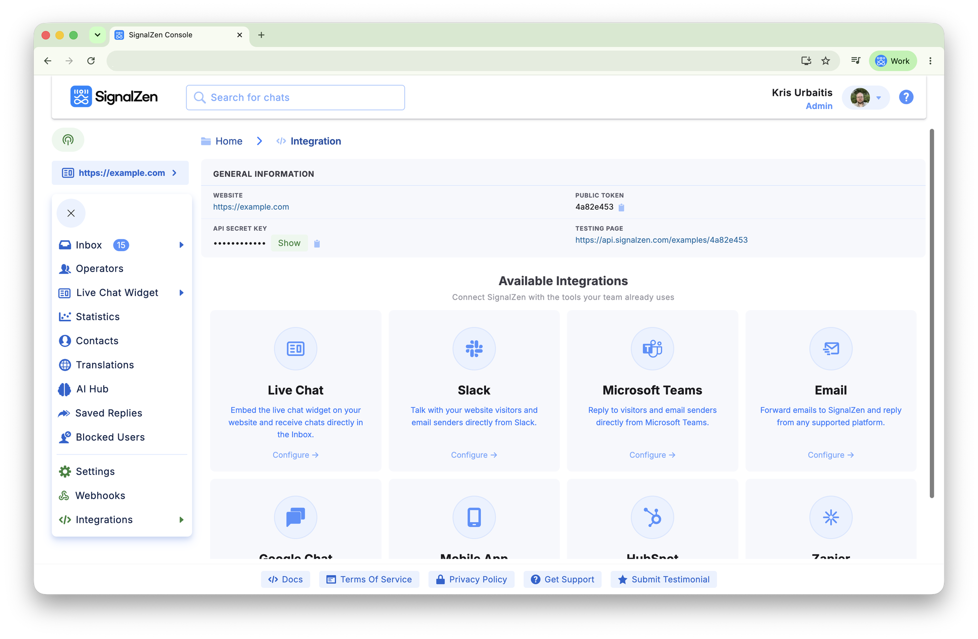 Integration wizards in the SignalZen Console