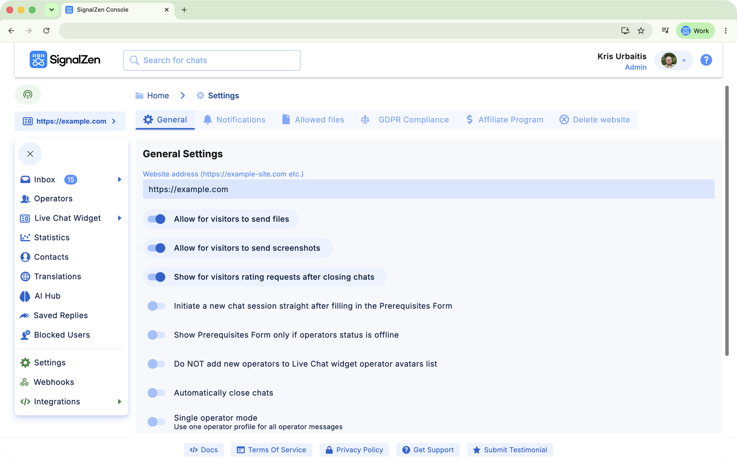 Settings screen in the SignalZen Console