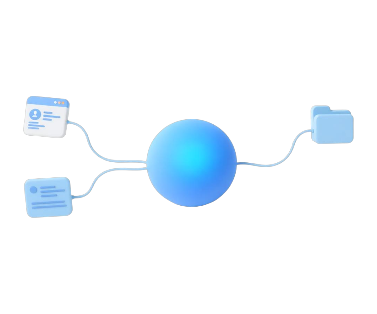 A website, a document and a folder connected to an AI orb