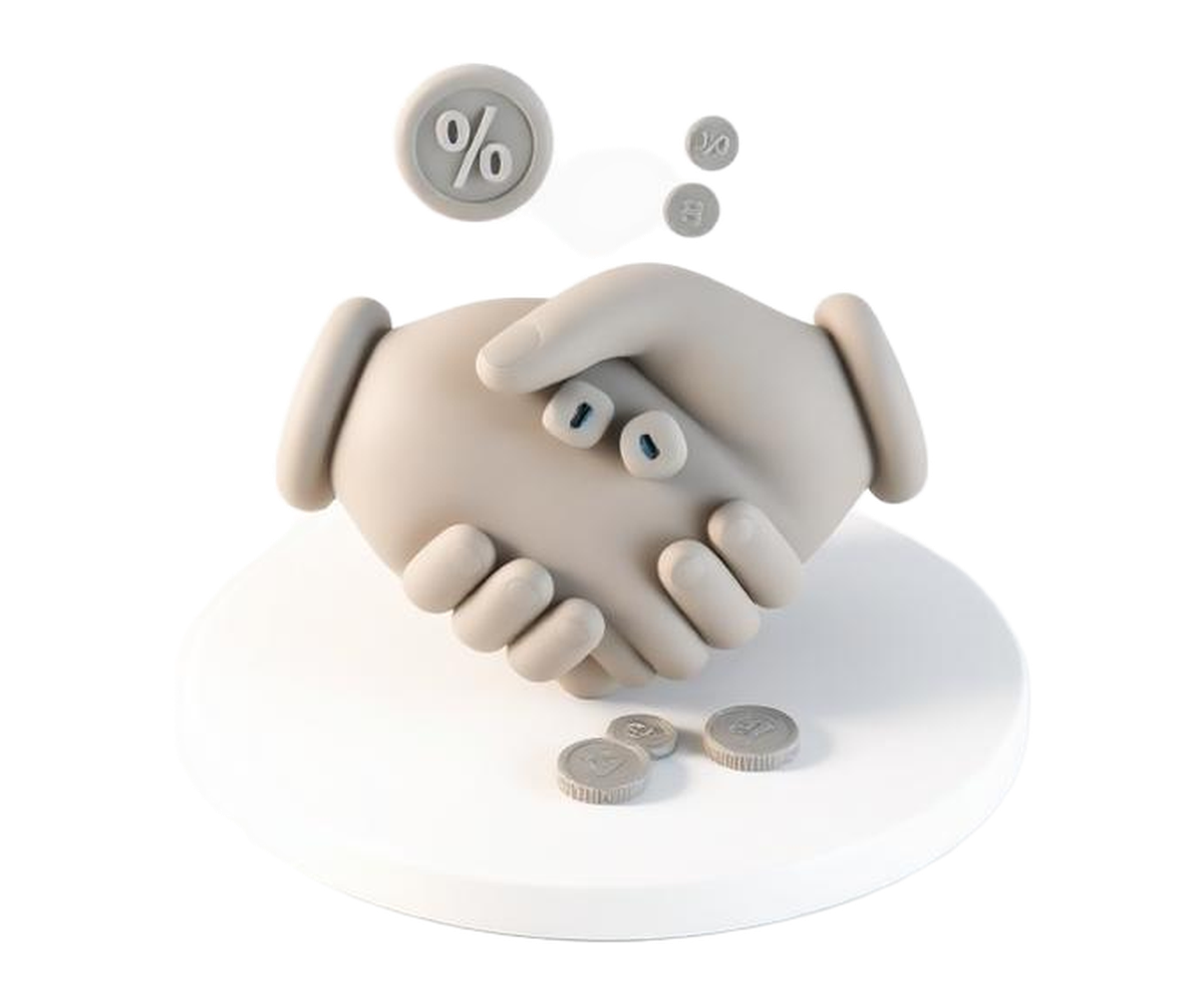 Two clay hands meeting under a percentage badge