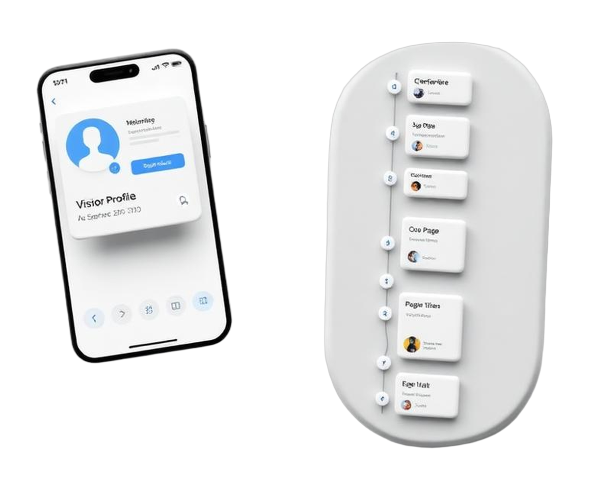A phone next to a visitor profile card and browsing timeline