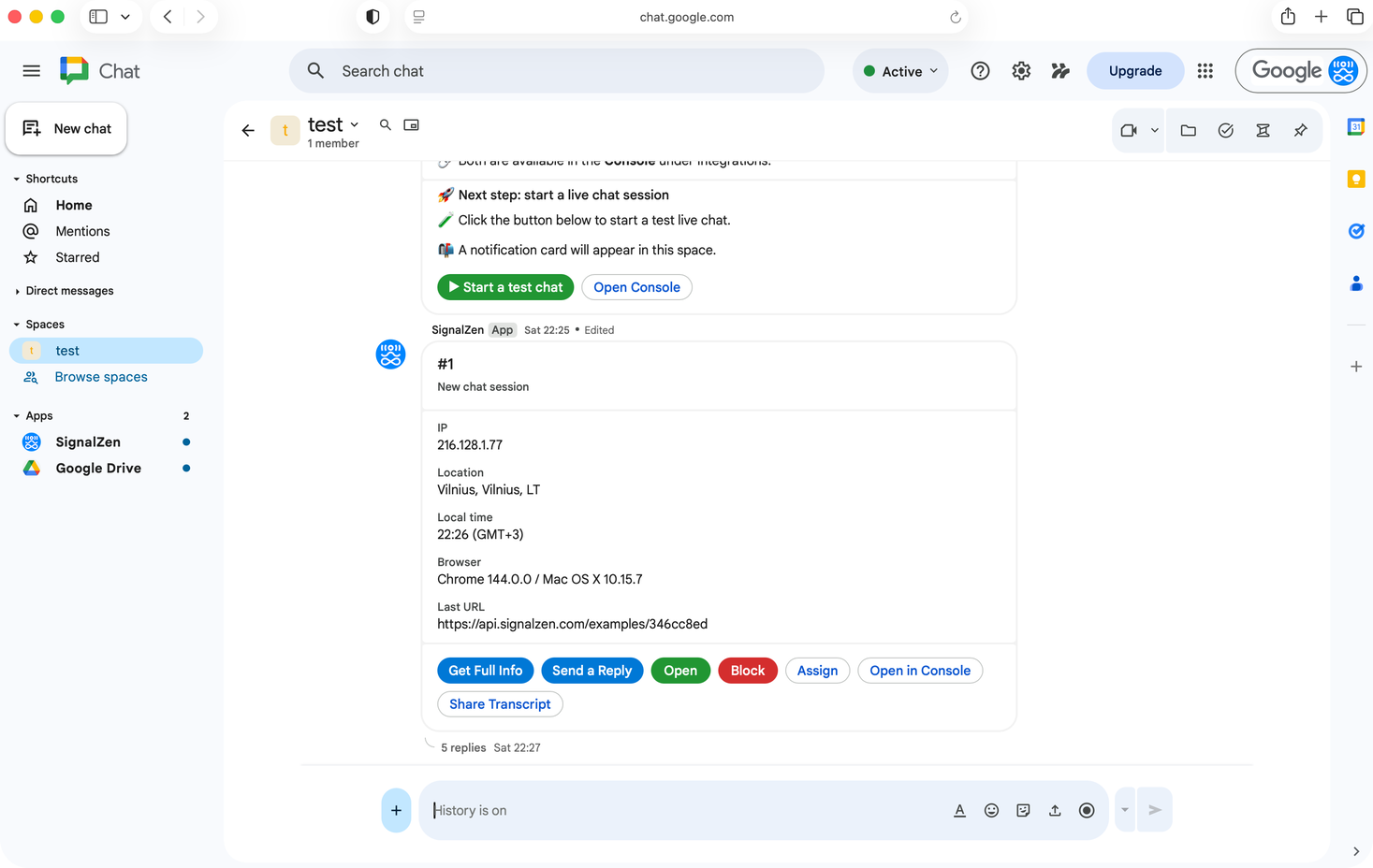 A SignalZen live chat session appearing as a card in a Google Chat Space