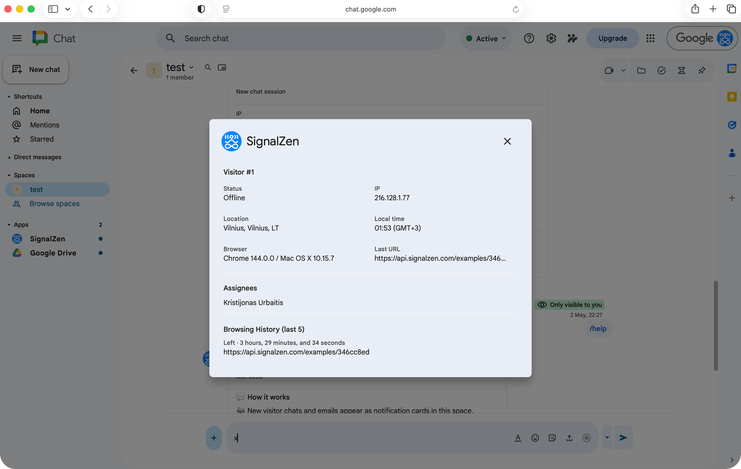 SignalZen chat session card inside a Google Chat Space