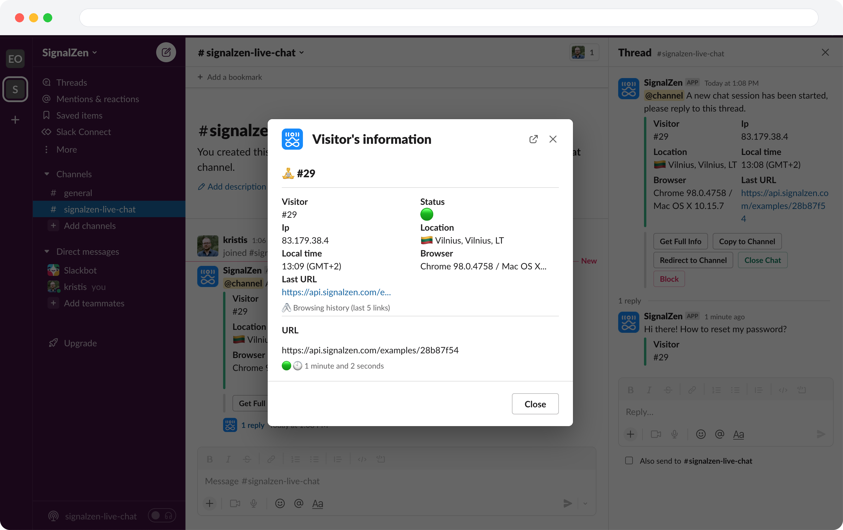 Website visitor information shown in Slack